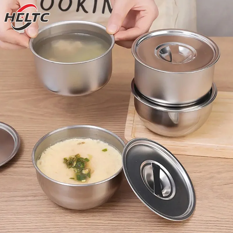 304 Stainless Steel Steamed Egg Bowl With Lids Kitchen Tableware Fruit Salad Dessert Soup Bowl Food Container Rice Noodles Bowl