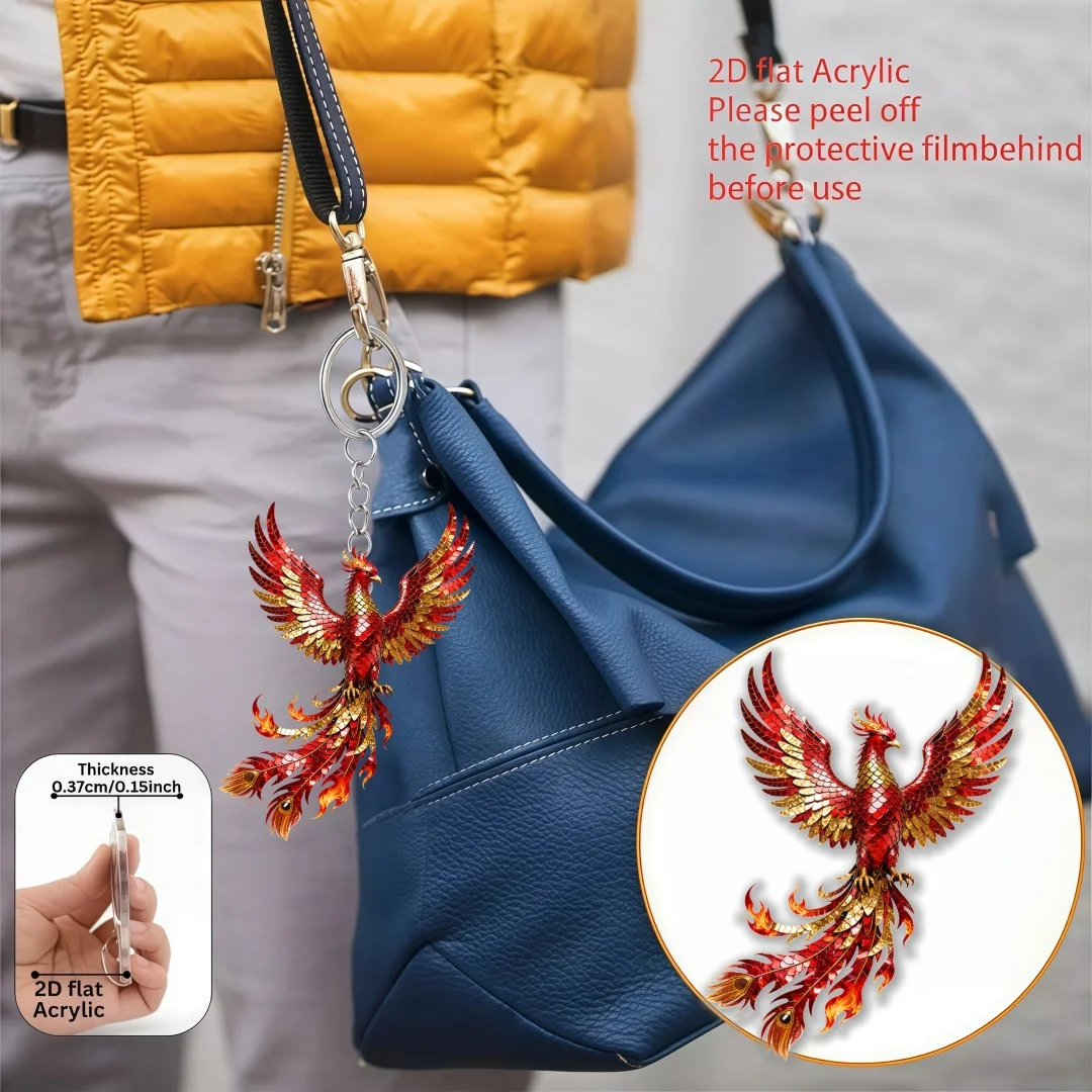 Phoenix Pattern Keychain,Fenghuang 2D Flat Acrylic Pendant,Divine Birds Trinket,Ornament Bag Charm,Gift,Fung-hwang Decoration