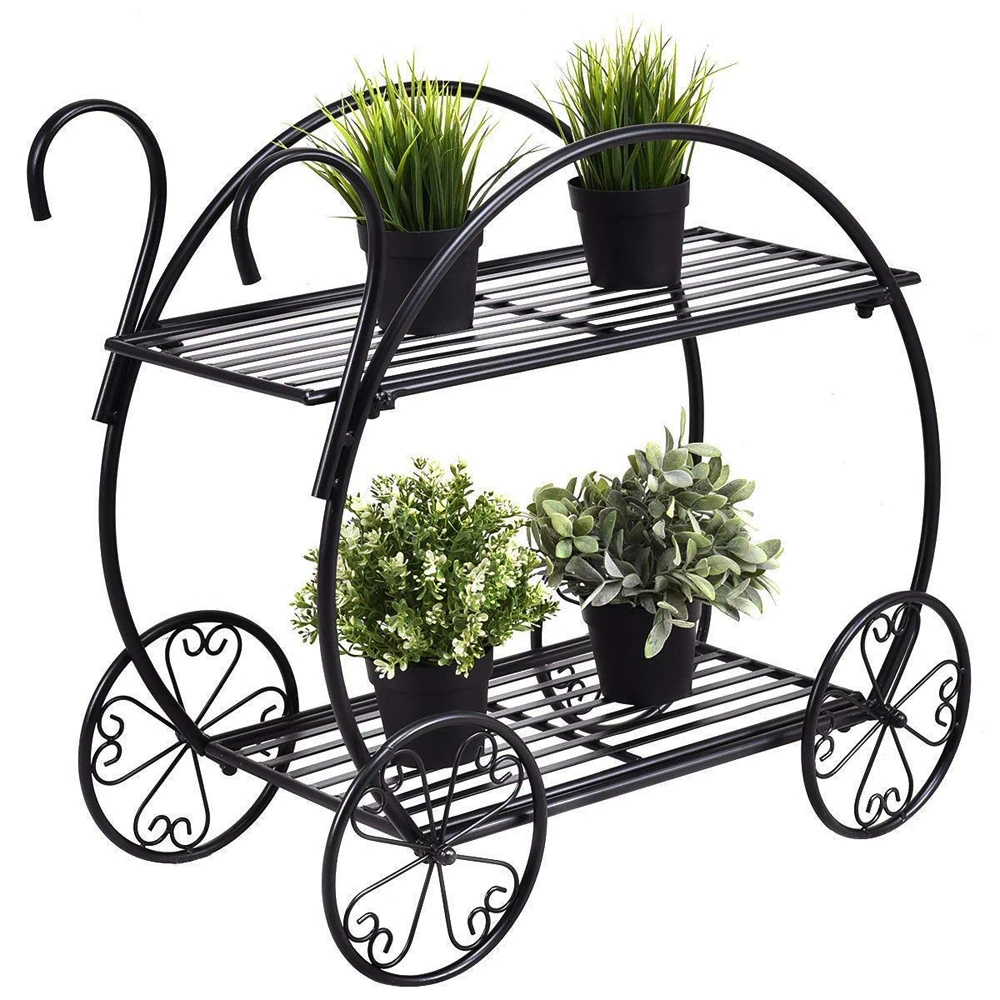 

2-tiered Cart-Shape Plant Stand Garden Cart with Handle for Indoor Outdoor Garden Decoration