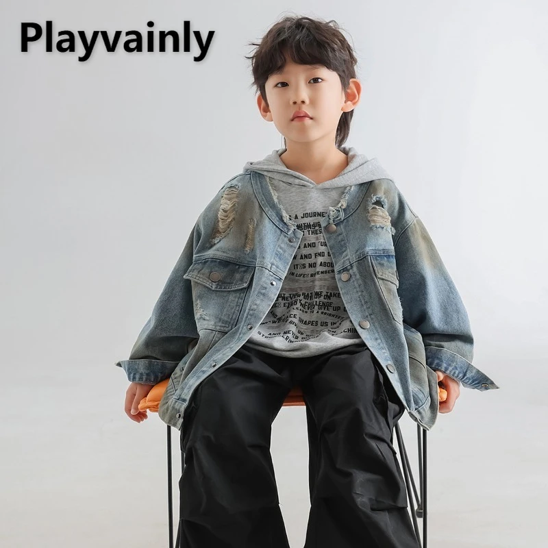 

Korean Style Boys Distressed Denim Jacket New Spring Autumn Kids Round Neck Single Breasted Retro Coats Children Clothes A05035