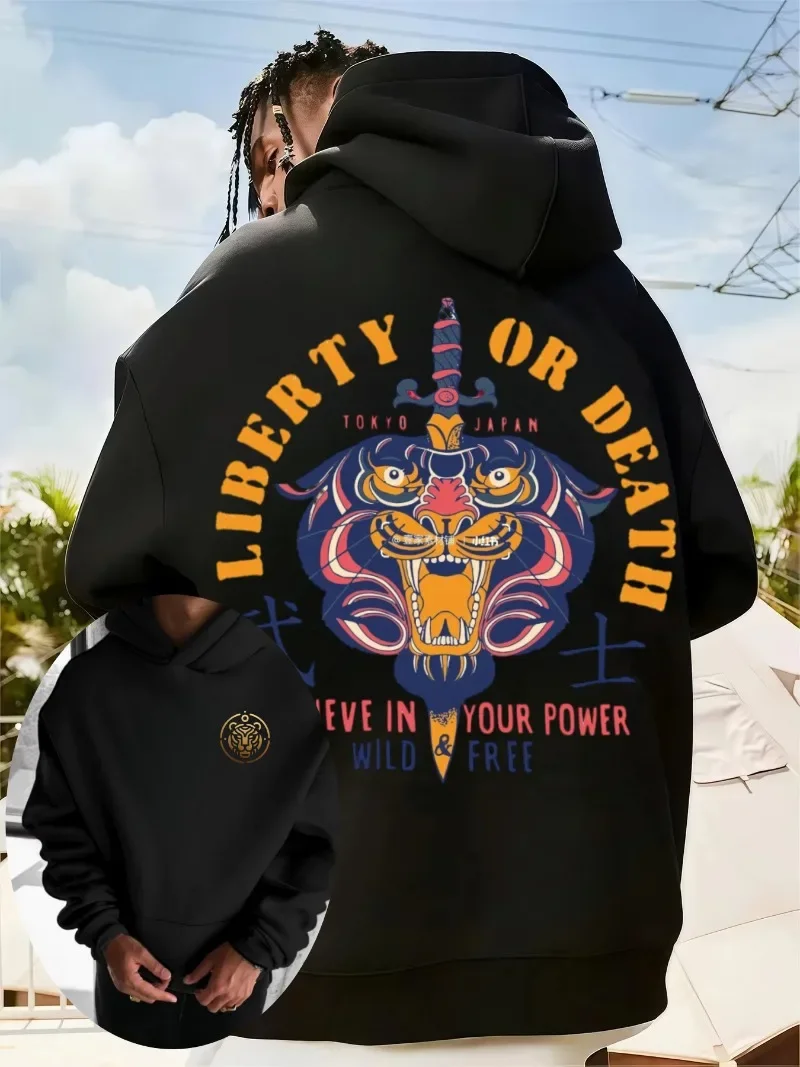 

2025 Retro High Street Tiger Element Cool Front and Back Printed Pocket Thickened Casual Loose Autumn/Winter 2yk Hoodie