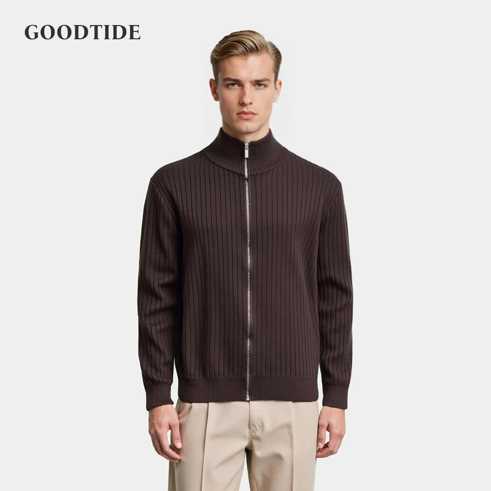 Fashion Men's Stand Collar Cardigan Knitted Sweater Autumn New Retro Zipper Vertical Stripe Long Sleeve Top Coat Men's Jacket