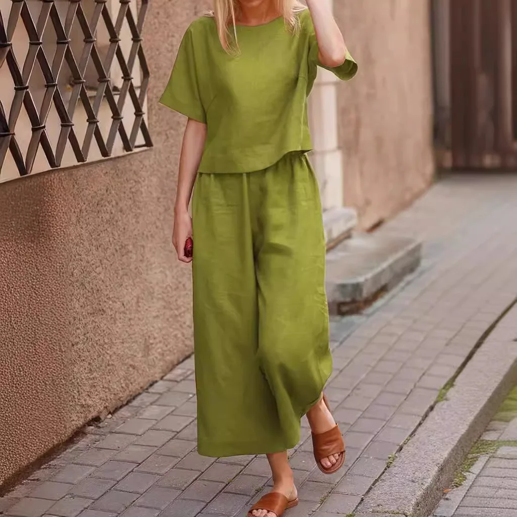 Women\'s Short Sleeve Shirt Top Wide Leg Pants Two Piece Set 2024 Fashion Summer Product Casual Hoodie Loose Solid Color Ladies