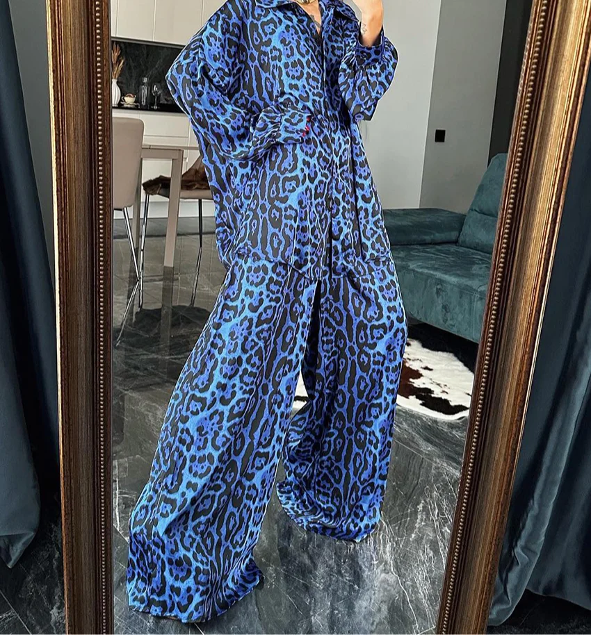 

2024 New Fashion Loose Printed Women's Two-piece Set Elegant Lapel Long-sleeved Shirt with High-waisted Pants Suit for Women