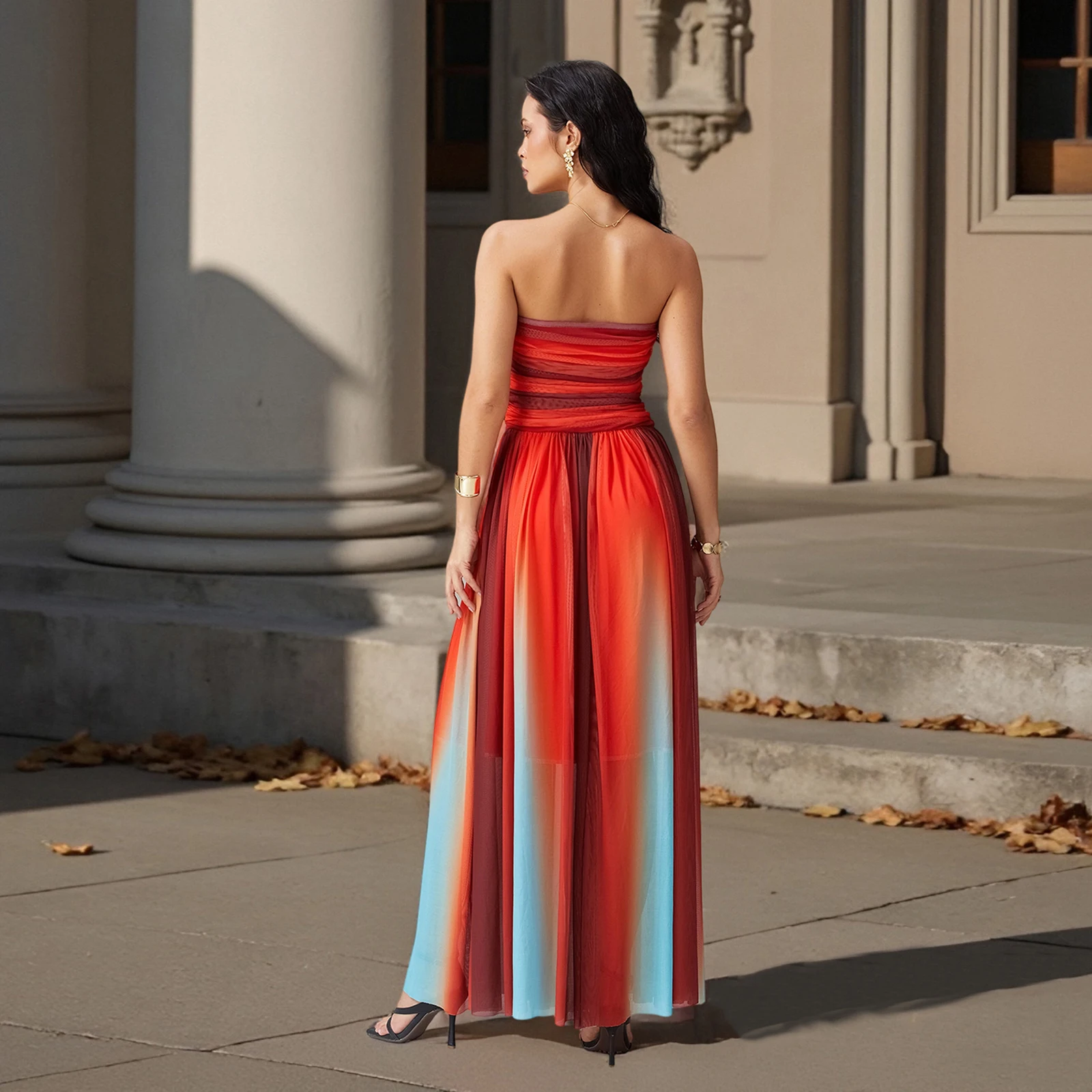 Damska Nowa Letnia Sukienka z Wąskimi Wzorami, Wycięciami, Odkrytymi Ramionami, Kontrastowymi Kolorami, Długa Spódnica Wakacyjna S-XL