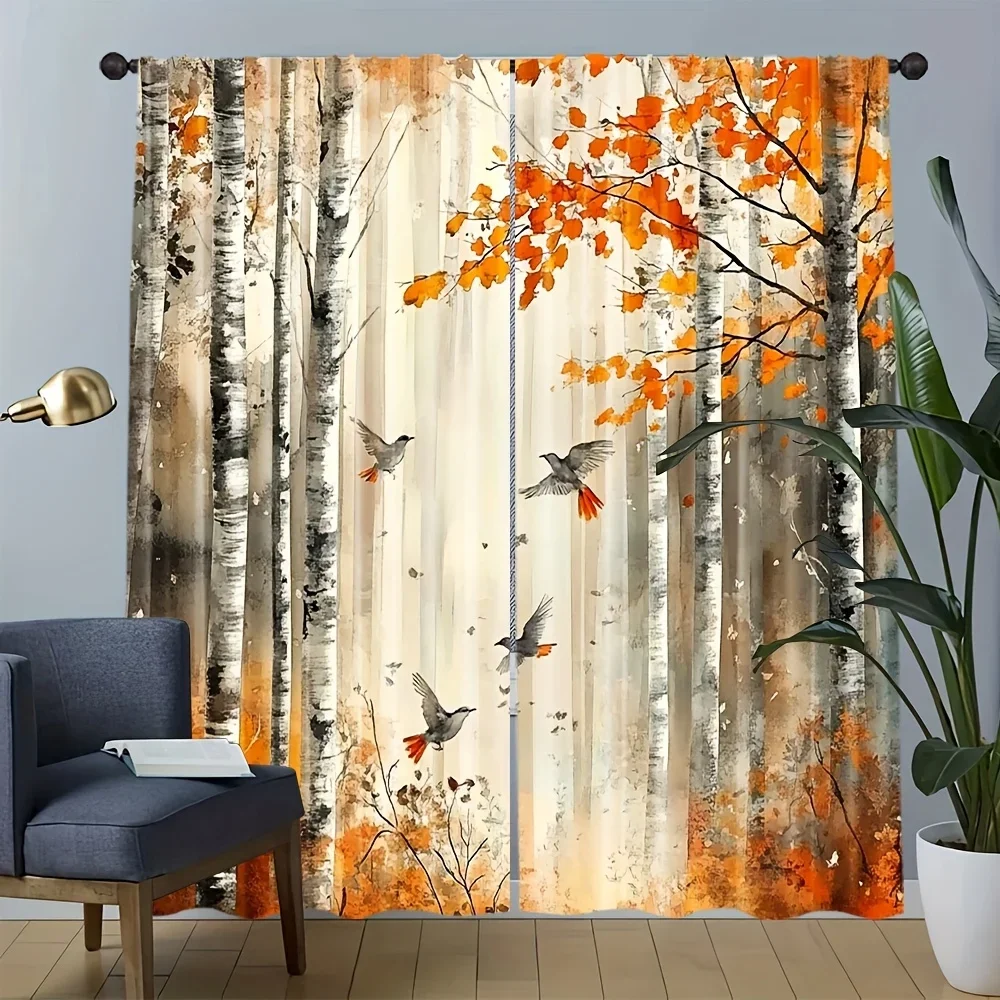 Autumn Forest Scene Curtain Waterproof Living Room Drapes Beige Brown Fall Foliage Window Treatment