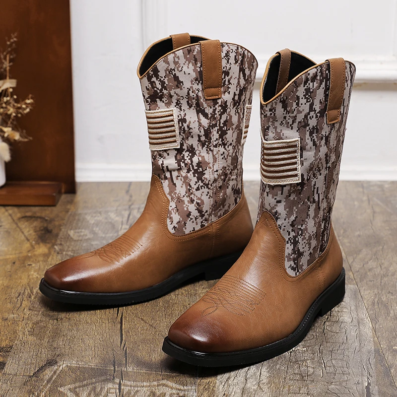 Camouflage Designer Western Boots For Men Fashion Brown Man Leather Boots Autumn Flat Men's Mid-Calf Boots botas vaqueras hombre