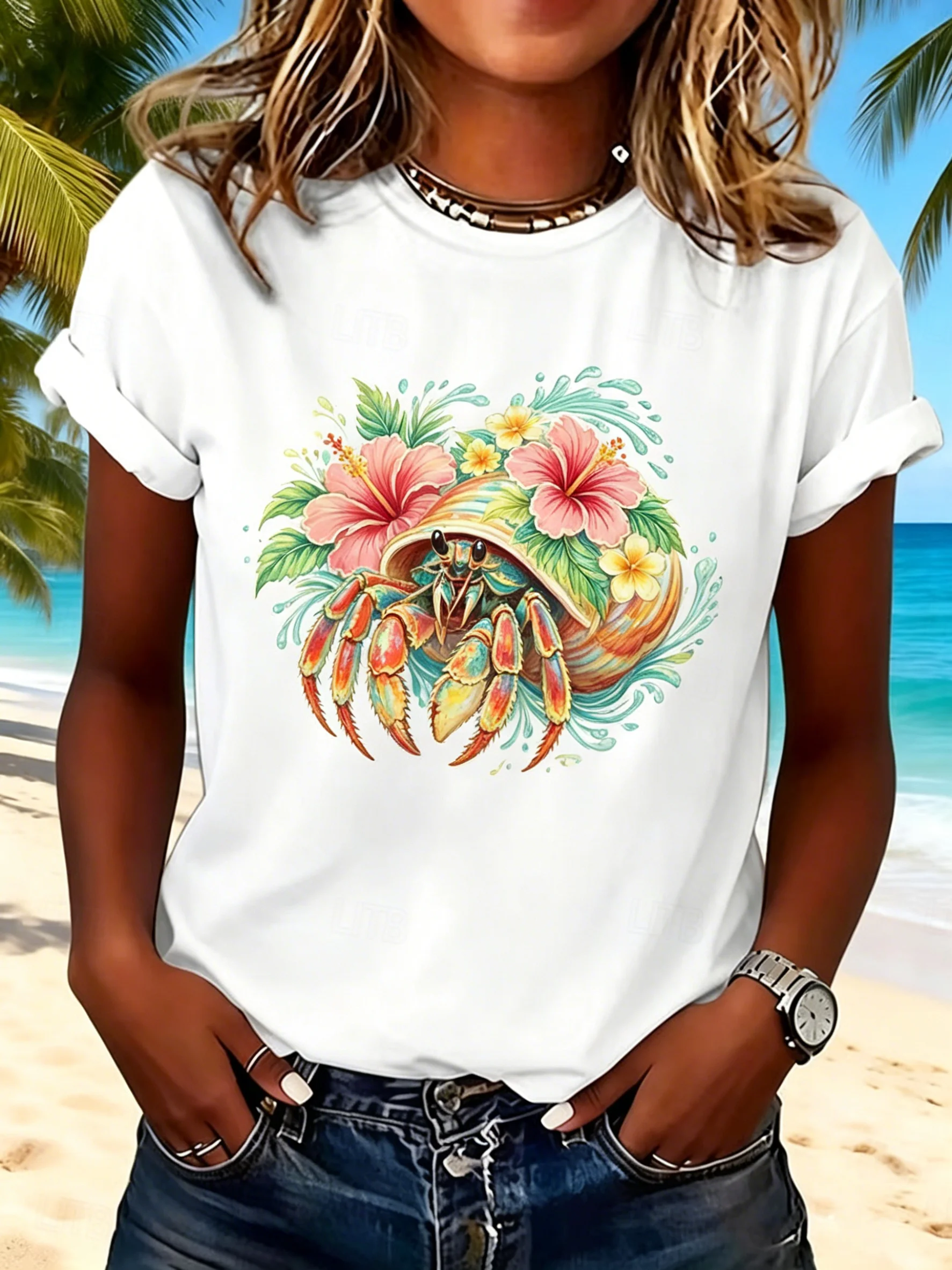 Women's Tropical Parrot Floral Print Crew Neck T-Shirt, Casual Short Sleeve Tops, Fresh Summer Daily Wear for Spring & Summer
