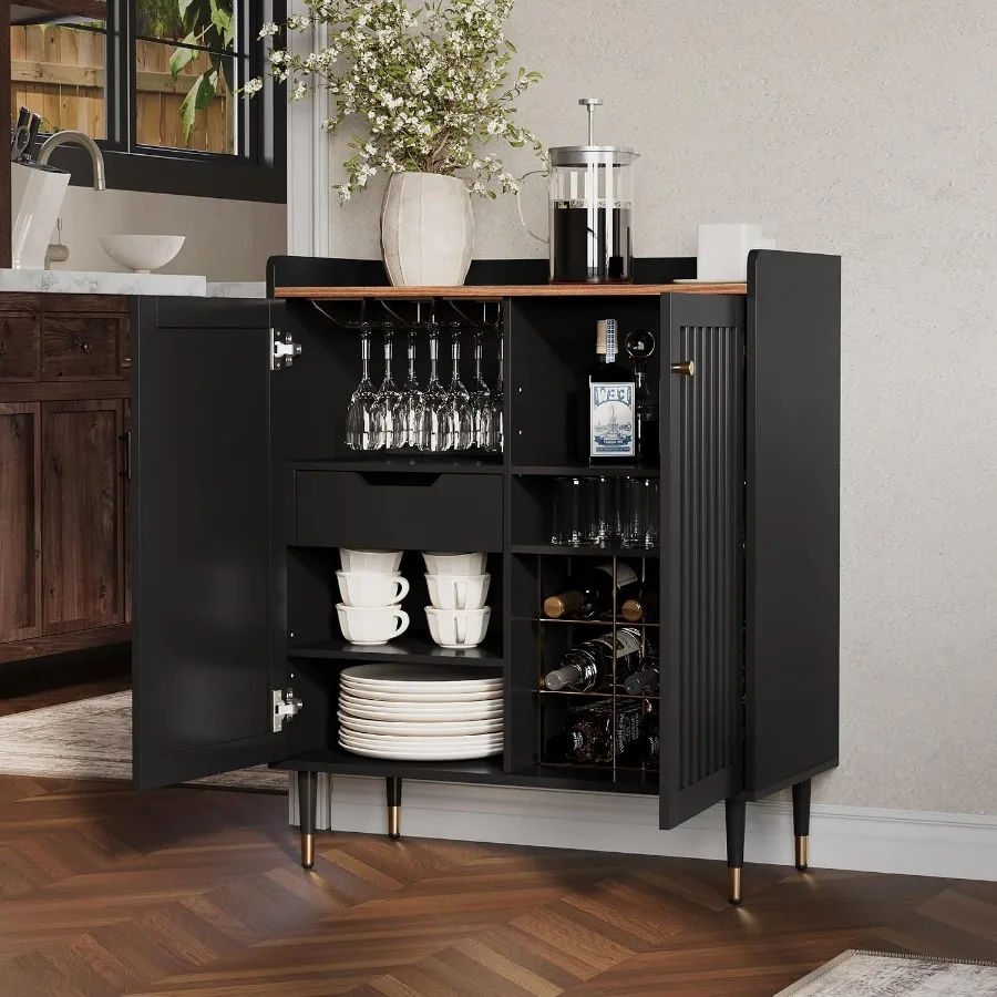 Fluted Coffee Bar Cabinet with Storage and Glass Holder