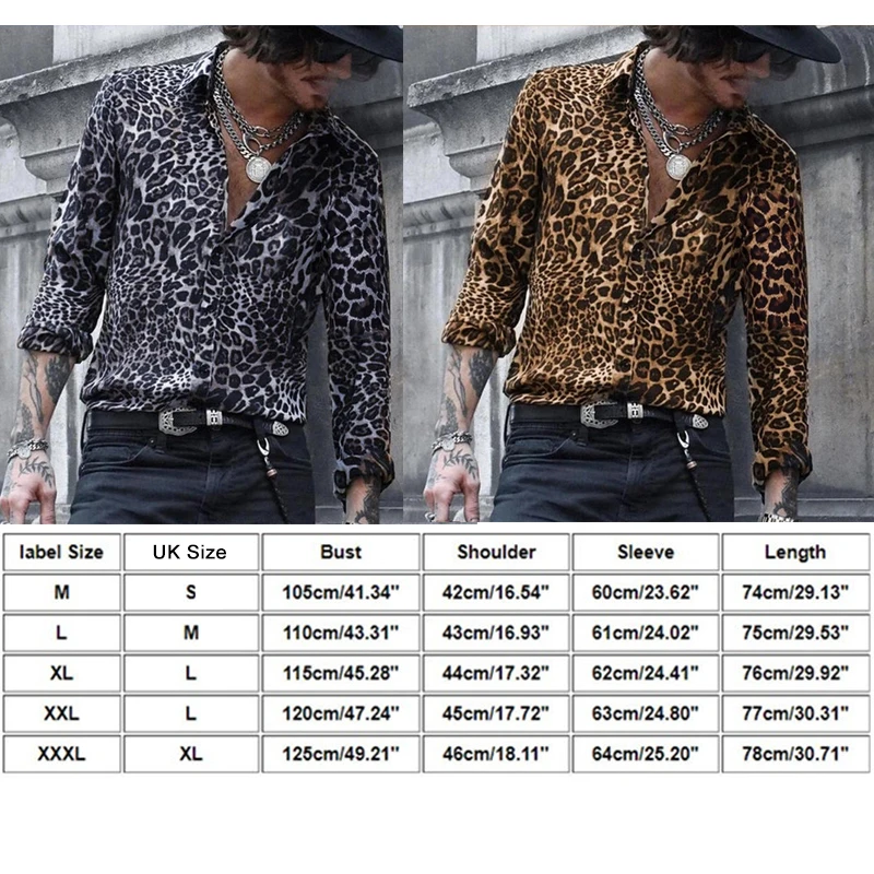 Men\'s Fashion Leopard Print Long Sleeve Shirt Party Club Personality Lapel Loose Button Shirt Hip-hop Shirt Tops Men Clothing