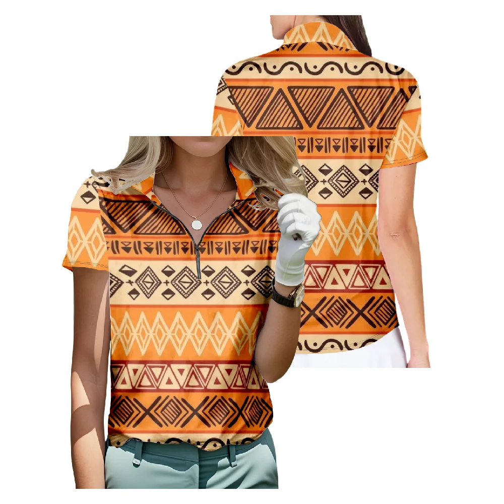 

Tribal Design Short Sleeve Golf Shirt Breathable Quick Dry Half Zip Tops Fashion Streetwear Women Sportswear