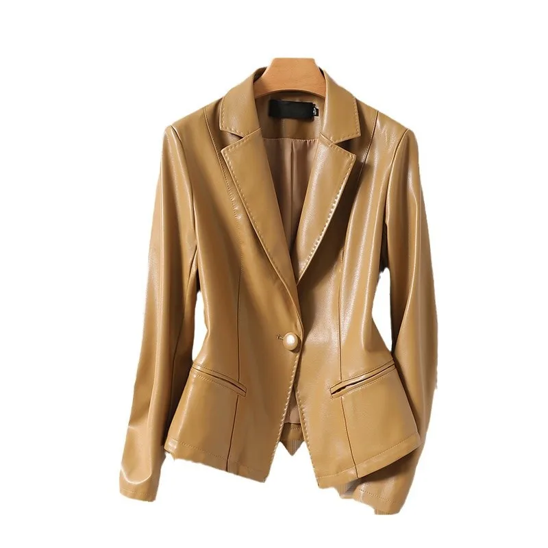 Giacca da ufficio casual da donna Giacca da abito in ecopelle Autunno Inverno Cappotto in pelle di pecora PU Risvolto Cappotto corto da donna con fibbia singola sottile