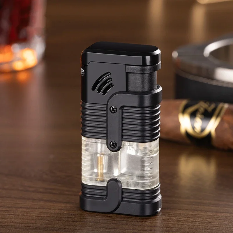 New three-fire high temperature direct injection gas cigar lighter windproof transparent oil tank with cigar cutter