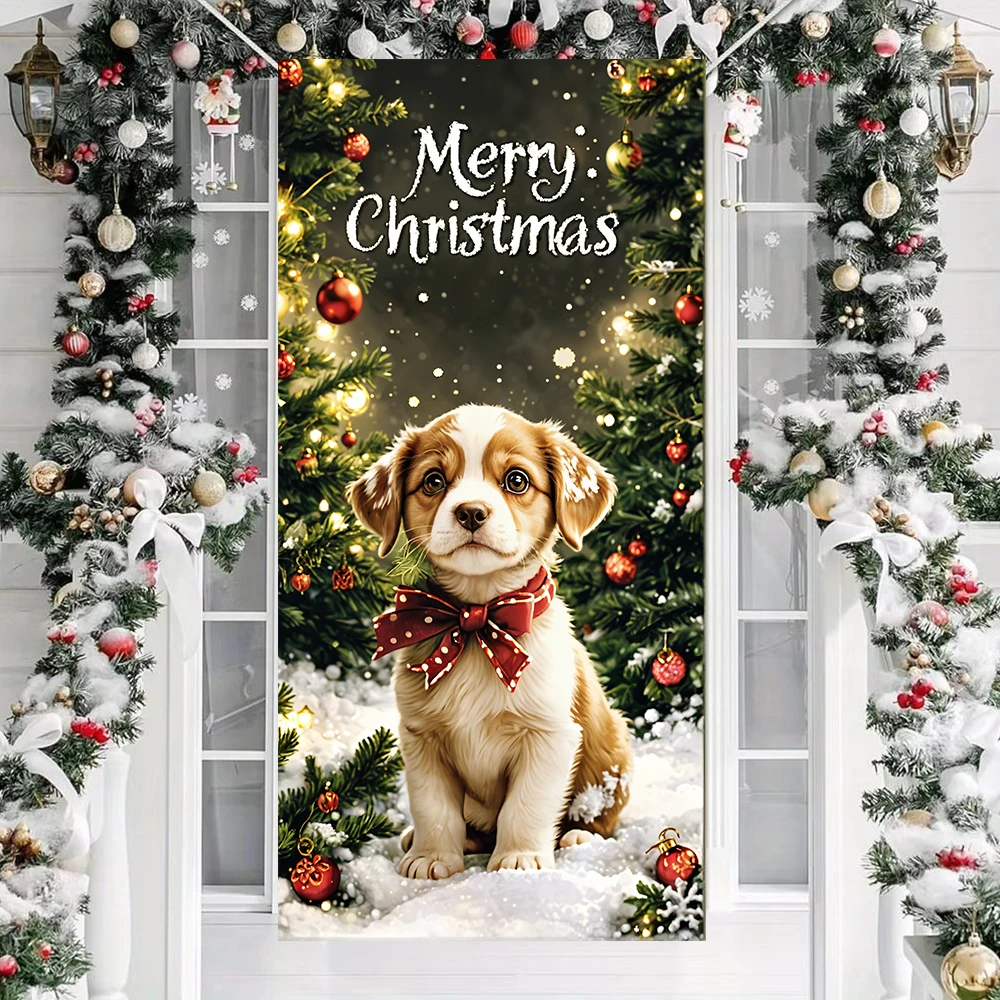 Christmas Outdoor Decorations Xmas Puppy Pattern Door Cover Christmas Dress Up Dog Backdrop Banner Party House Door Hang Props