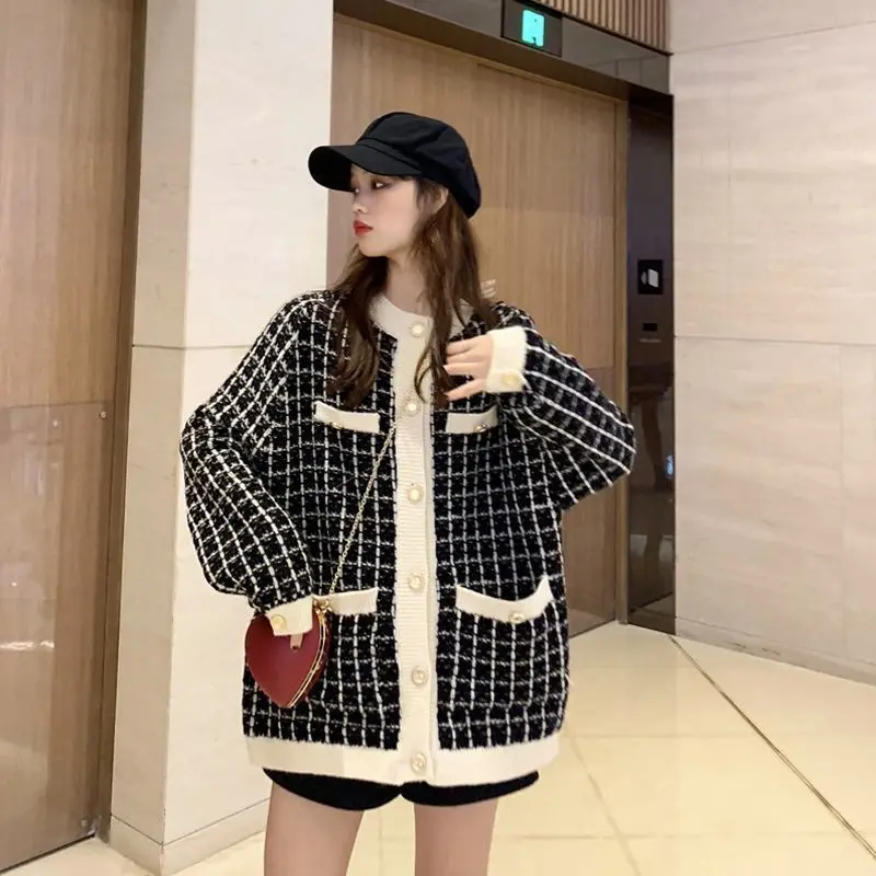 O-neck Knitting Cardigan Coat Women Autumn Winter Loose Plaid Long Sleeve Sweater Fashion All-match Office Lady Knitwear Tops