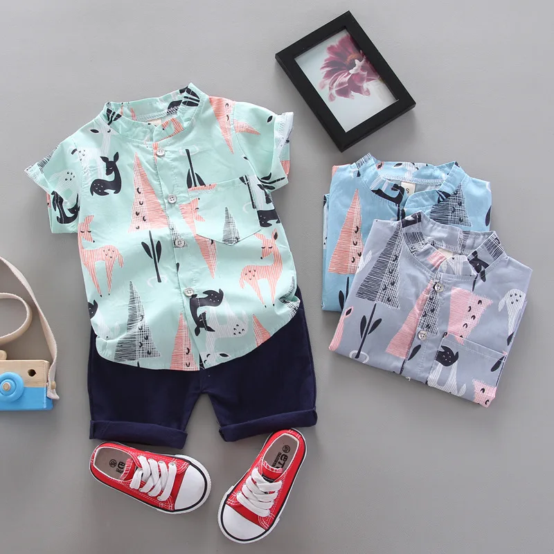 0-4-year-old children's short sleeved set for boys summer cartoon deer pattern shirt T-shirt 2-piece set