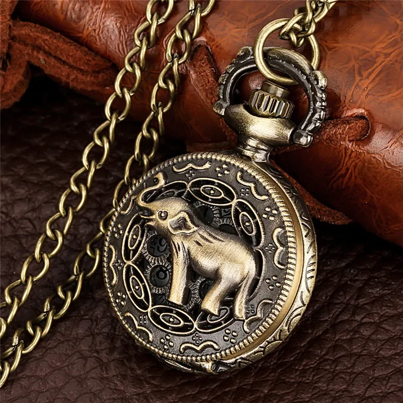 Steampunk Lovely Elephant Design Unisex Quartz Analog Pocket Watch Necklace Pendant Chain Half Hunter Clock Arabic Numeral Gift