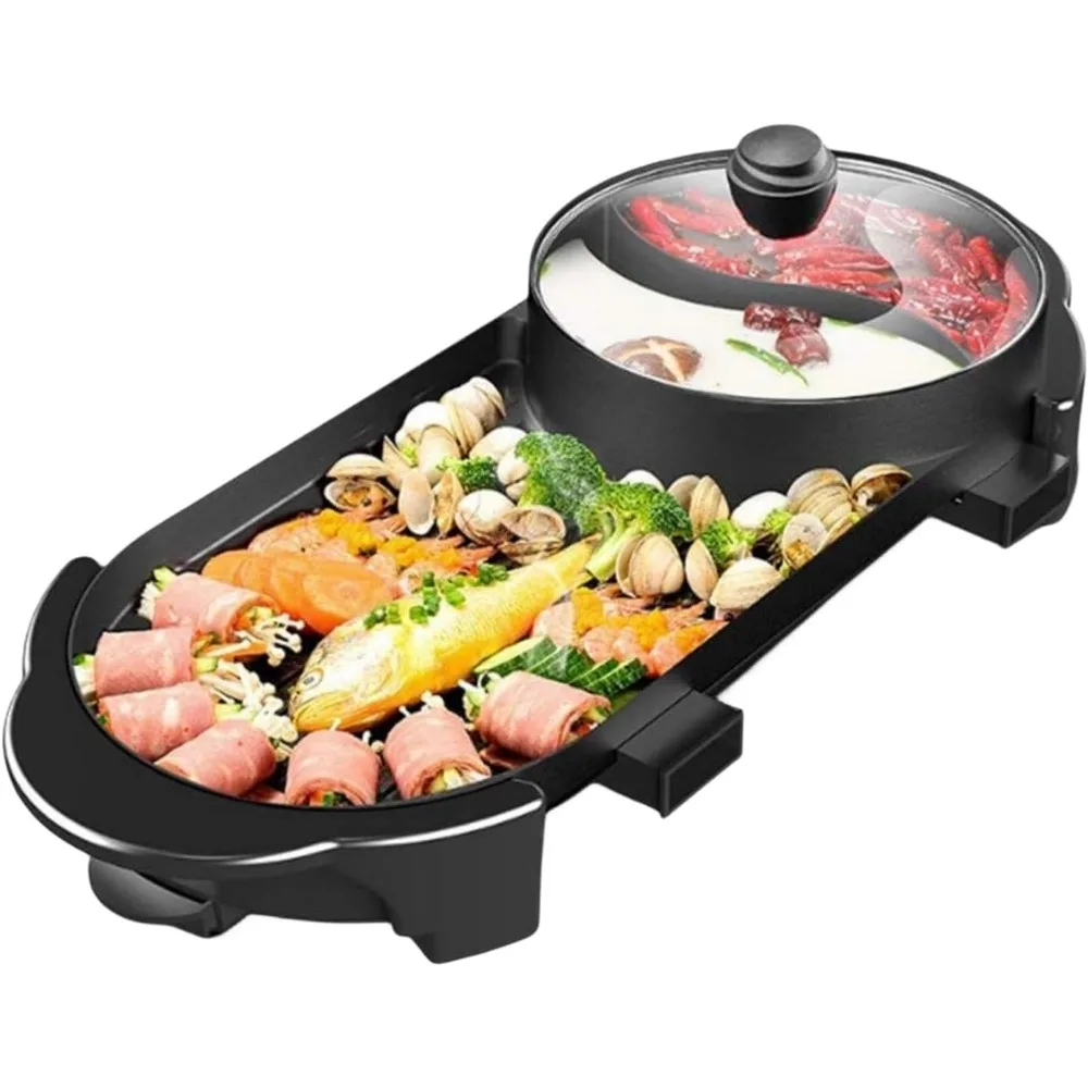 Hot Pot with Grill, Korean BBQ Grill Indoor Hotpot Pot Electric Combo, Shabu Shabu Pot with Divider KBBQ Grill Smokeless