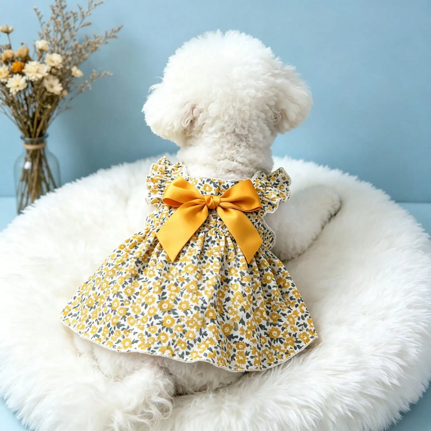 Sommerkleid für Haustiere, ärmellos, mit Blumenmuster, Rüschenriemen, großer Schleife als Dekoration für kleine Hunde, für den täglichen Gebrauch und Partys. – Detail 25