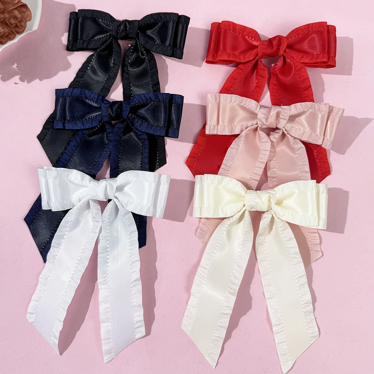 30pcs Frill Ribbon Bow Hair Clips 4.7 Inch Wave Edge Long Tassel Barrettes Bulk Pack for Women And Girls Headwear