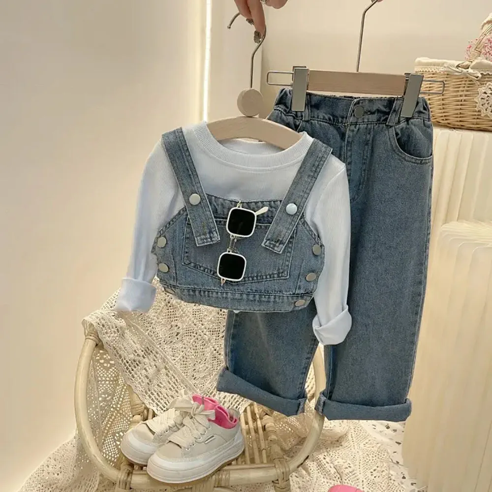 Girls Fashion Denim Set 2024 Spring Autumn New Korean Children\'s Tank Tops + High Waist Loose Wide Leg Jeans 2Pieces Suit