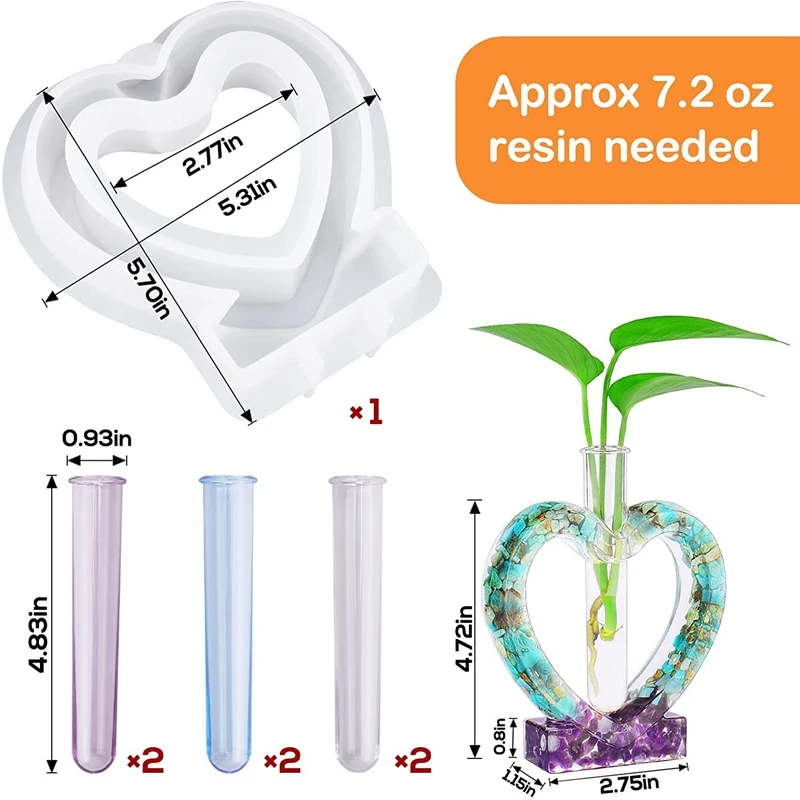 Heart Shaped Epoxy Resin Molds With 3 Test Tubes For Hydroponic, Flower Holder, Home Office Decor, Valentines Day Gift