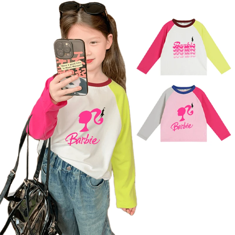 Anime Kawaii Barbie Girls T-Shirt Long-Sleeved Cotton Top Raglan Contrasting Color Bottoming Shirt Cartoon Cute Toddler Clothes