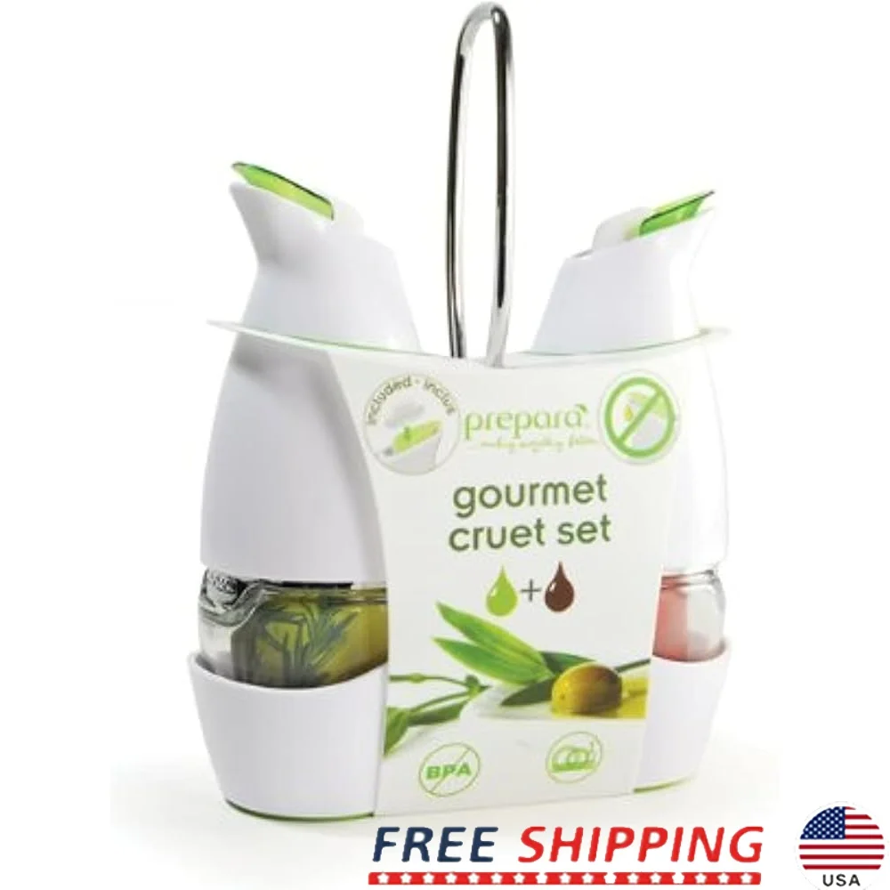 

Chrome Cruet Set with 2 Glass Containers 5oz Stoppers Carrier Built-in Filter Easy Fill Dishwasher Safe Kitchen Essential