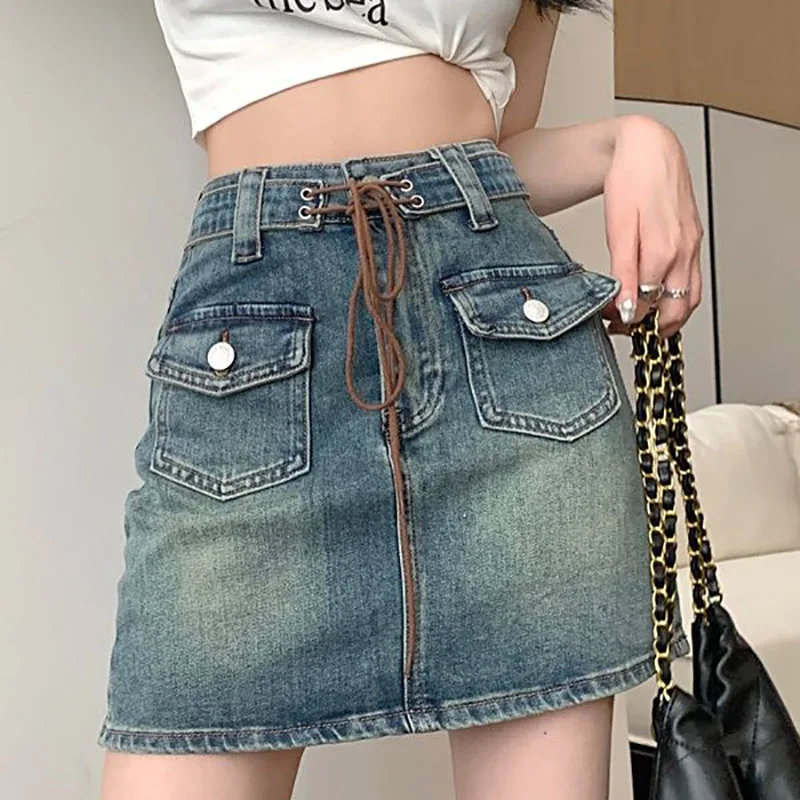 

Джинсовая юбка Y2k Женская в стиле ретро, уличная мини-юбка из денима в Корейском стиле, повседневная универсальная эластичная юбка для выпускного вечера, лето 2023