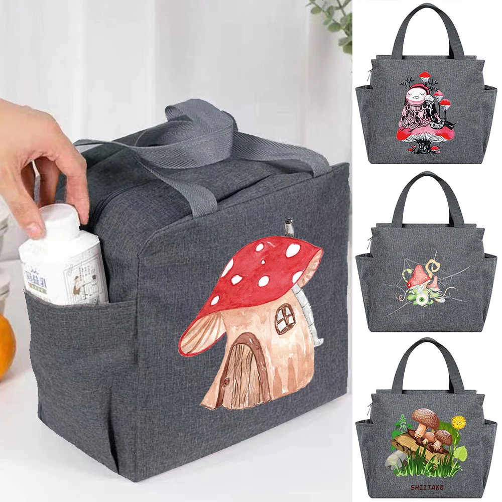 

Large Capacity Thermal Lunch Bag Picnic Food Storage Container Bento Breast Milk Preservation Cooler Bag Mushroom Print Handbag