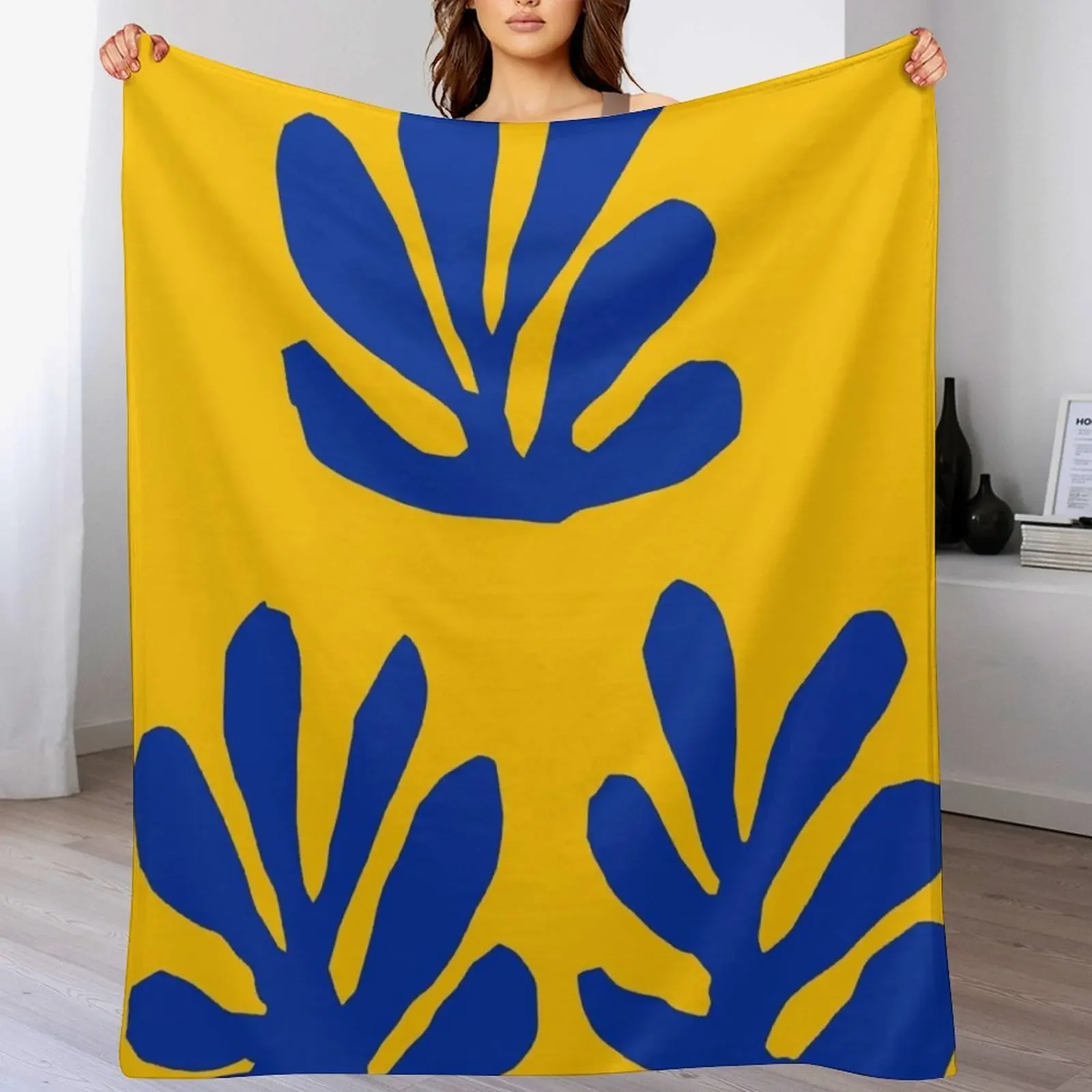 

Matisse Leaves Yellow Blue Throw Blanket Picnic Personalized Gift funny gift Flannel Fabric Blankets