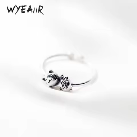 WYEAIIR 925 Sterling Silver Vintage Thai Silver Cat Sweet Resizable Opening Ring For Women Luxury Jewelry