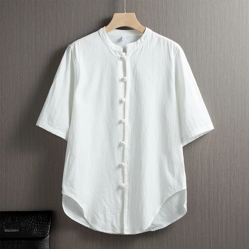 

Chinese Style Cotton Linen Short Sleeve Shirt Men Summer Vintage Button up Cotton Linen Tang Suit Top Breathable Comfortable Fit