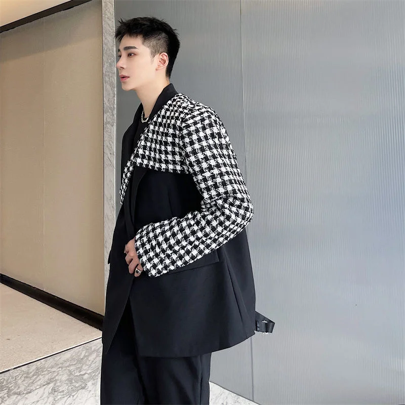 Niche Menswear Design Plaid Spliced Blazers Male New Notched Single Button Suit Jacket Male Tide Spring Winter Cloth 2022