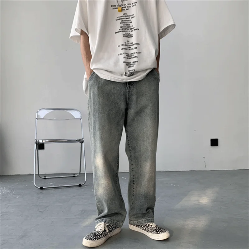 

Lazy Style Men Jeans Korean Hip Hop Patchwork Oversized Straight Jean Pants Streetwear All-match Denim Pants Light blue jeans