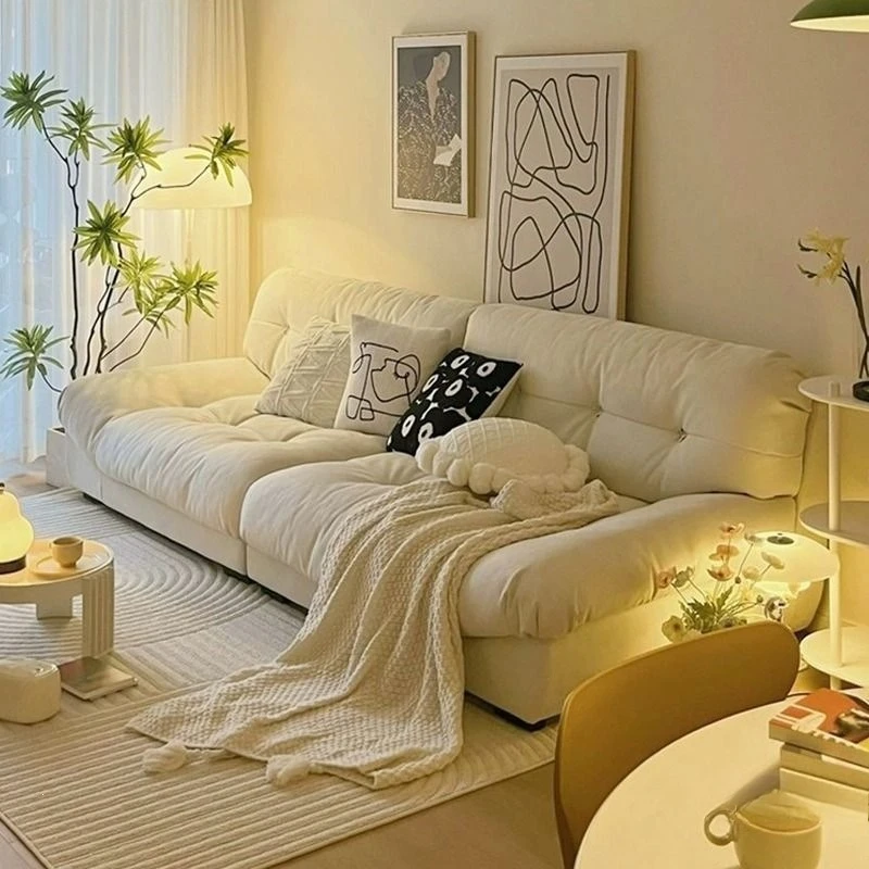 Cloud sand modern simple living room small apartment straight row fabric sofa cream wind
