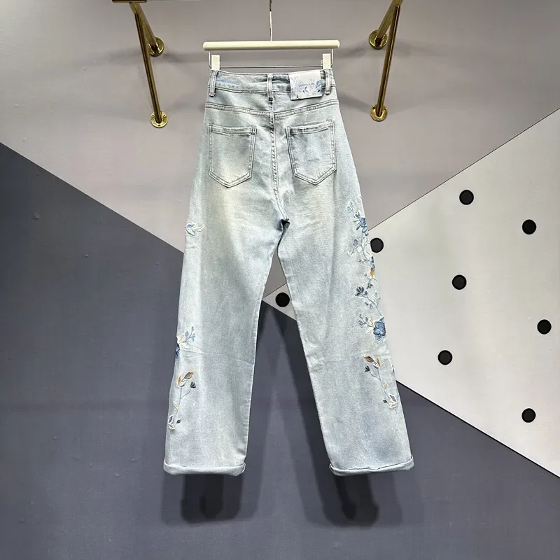 Machine Embroidery Retro Straight Wide-Leg Pants Women Jeans 2024 Spring Summer New Loose Slimming Denim Pants Female Pantalones