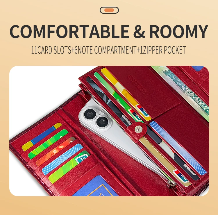 VICKAWEB Große Hasp-Geldbörse aus echtem Leder mit Foto-Kartenhalter und Druckknopfverschluss für Damen, luxuriöses Markendesign, Damen-Kartenetui, lang, rot – Detail 4