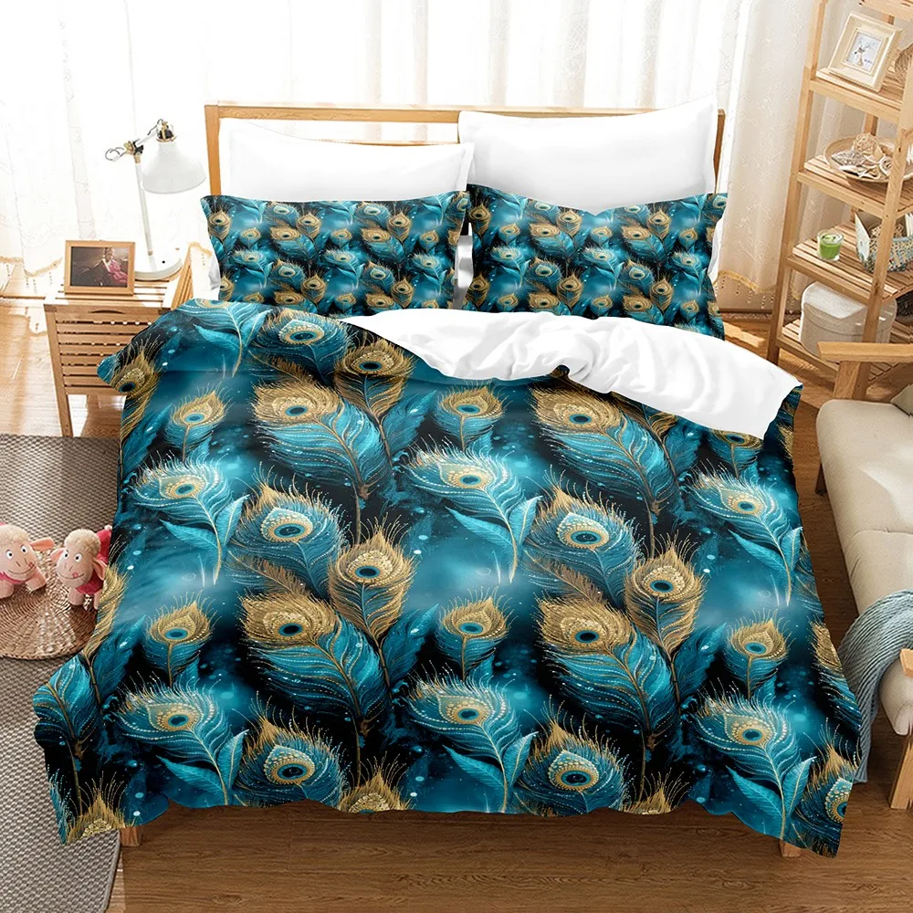 3PCS Duvet Cover Set Black Green Peacock Feather 3D Printed Duvet Cover With Pillowcases Single Twin Queen Size Bedding Set