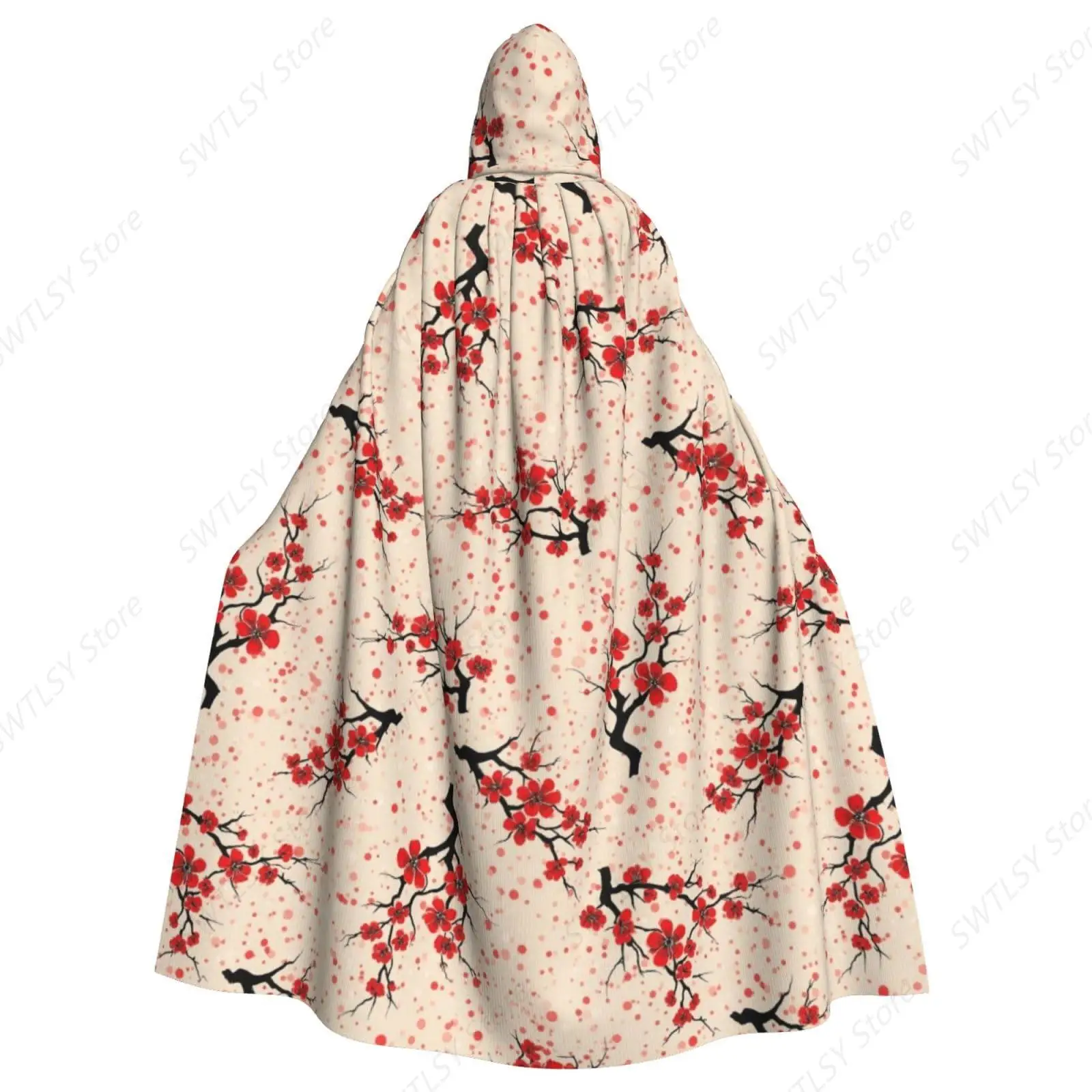 Hooded Halloween Costumes Compatible with Japanese Cherry Flower Floral Blossom, Women Men Hooded Cloak Robe for Cosplay Parties