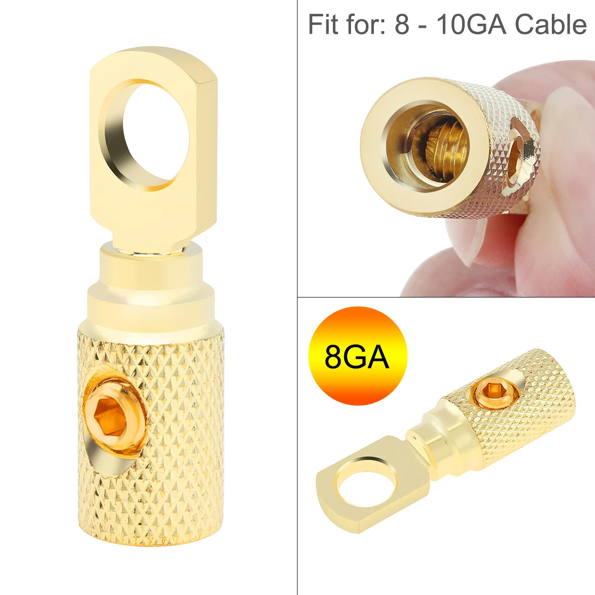 8 Gauge Brass with Gold Plated Ring Set Screw Battery Ring Terminals Amp Input Reducers for 8 - 10 Gauge Wire High Conductivity