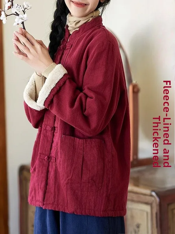 

Осень-зима, новый женский костюм из Thiened Cotton Jaet с воротником-стойкой и пуговицами, чайный костюм на подкладке в стиле ретро, китайский Nati...