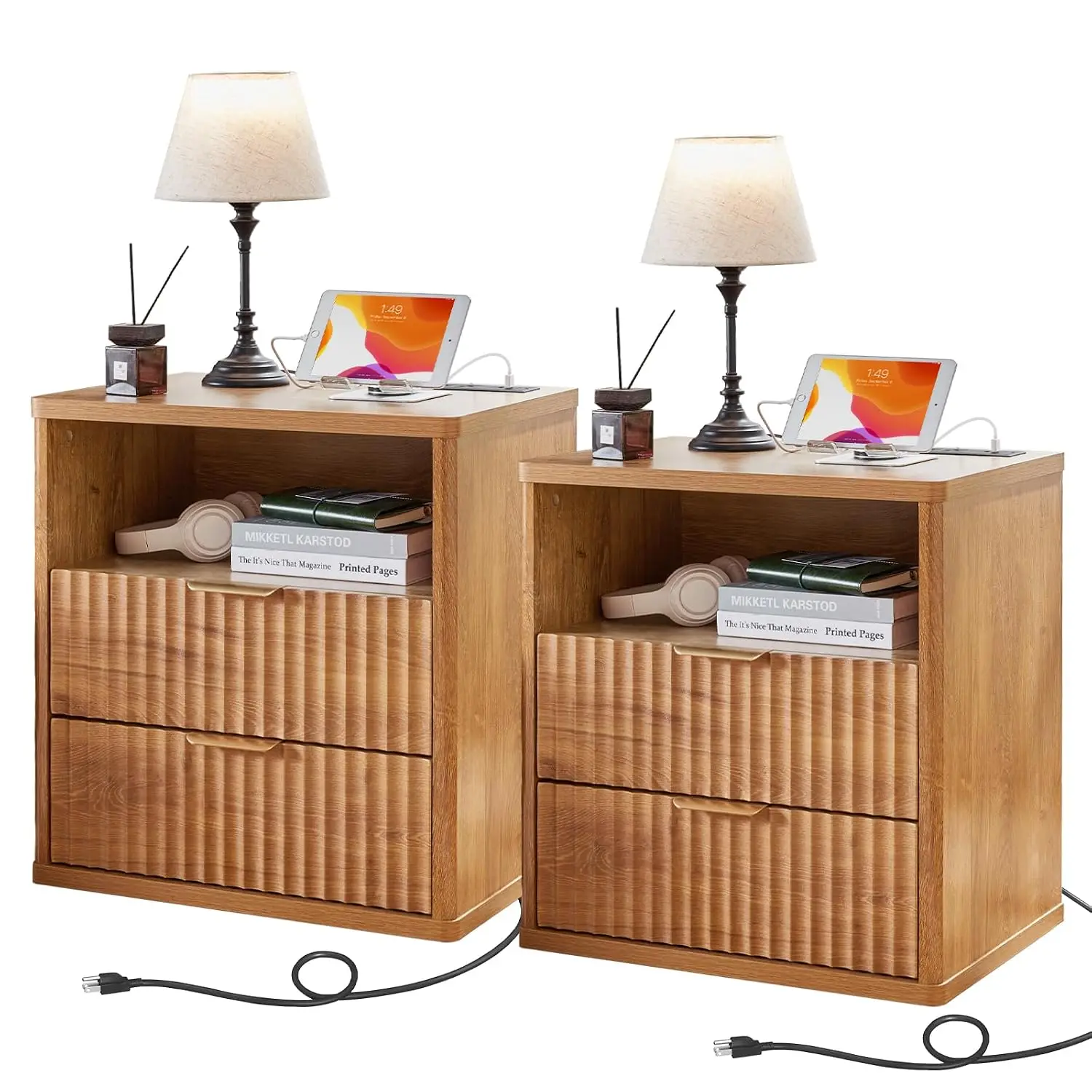 Fluted Nightstand Set Of 2 With Charging Station, 23