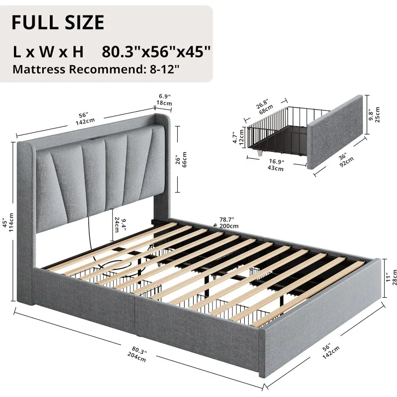 Full Size Bed Frame with Upholstered Headboard, Platform Bed with Storage Drawers and Outlets, Sturdy, Noiseless