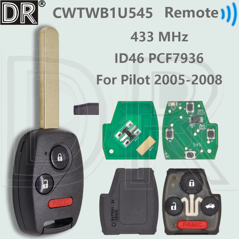 DR CWTWB1U545 433MHz ID46 PCF7961 Replacement Car Remote Key For Honda Ponit 2005 2006 2007 2008