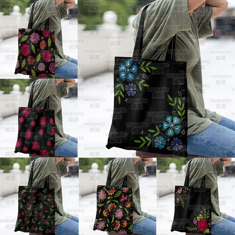 Elegant Fragmented Flowers Full Printing Foldable Shopping Bag for University Students Tote Bag Supermarket Bag Canvas Aesthetic