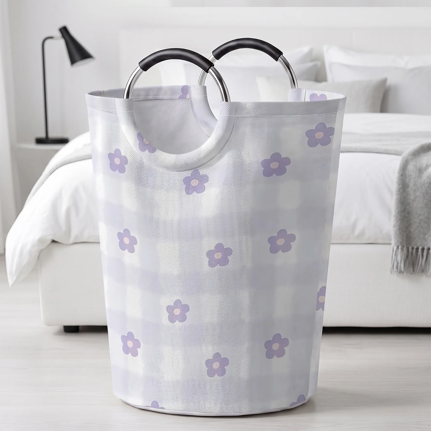 Light Purple Gingham With Purple Flowers All Over Print Handheld Storage Basket, For Laundry, Bedroom & Home Sundries Storage