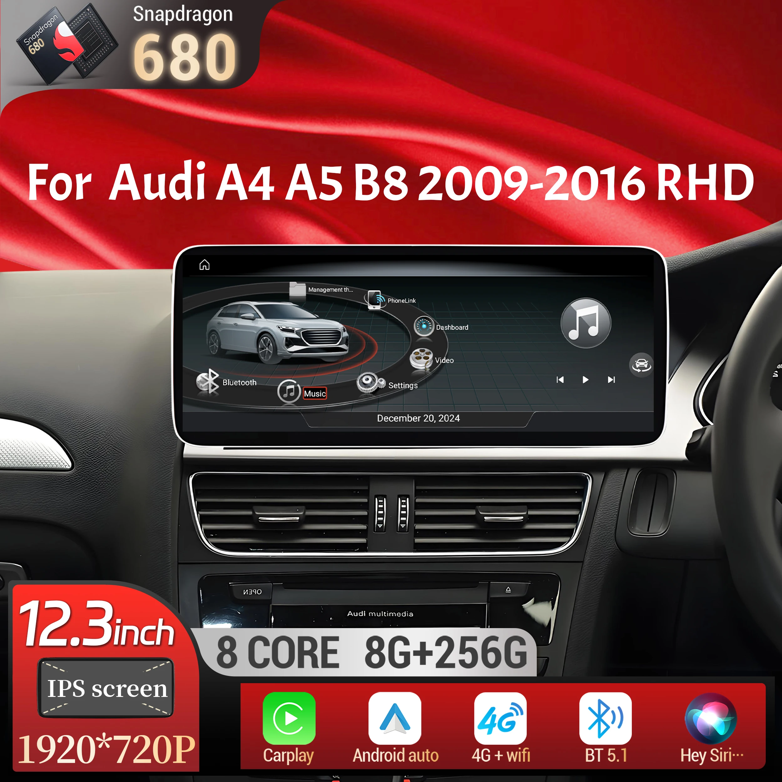 12.3 inch Right Hand Drive Android 13 Car Radio For Audi A4 A5 B8 2009-2016 BT Carplay Qualcomm Snapdragon 680 Head Unit Screen
