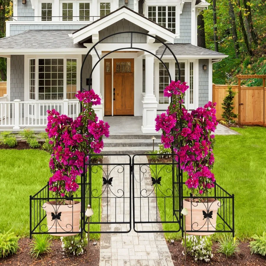 

Metal Garden Arch with Gate and Plant Pot Garden Arbor Trellis Climbing Plants Support Rose Arch Black