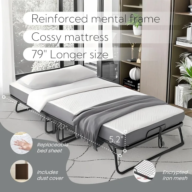 Folding Bed, (with 5.2"" Thick Memory Foam Mattress), 79x35, Portable Foldable Adult , Metal Folding Frame,